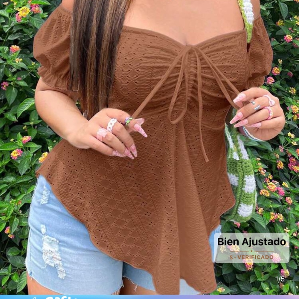 SHEIN Brown Eyelet Puff Sleeve Blouse